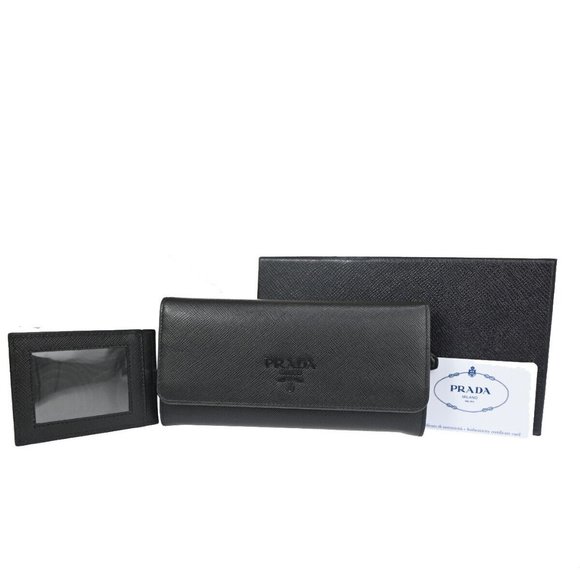 Prada Handbags - PRADA Logo Long Bifold Wallet Saffiano Leather Black Nero Gold Italy